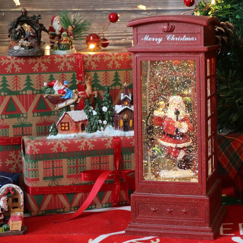 Eldnacele Christmas Snow Globe Lantern Phone Booth  Swirling Water Glittering Battery Operated Festicval Ornament with Timer for Christmas Tabletop Centerpiece Home Decoration(Phone Booth) - Image 5